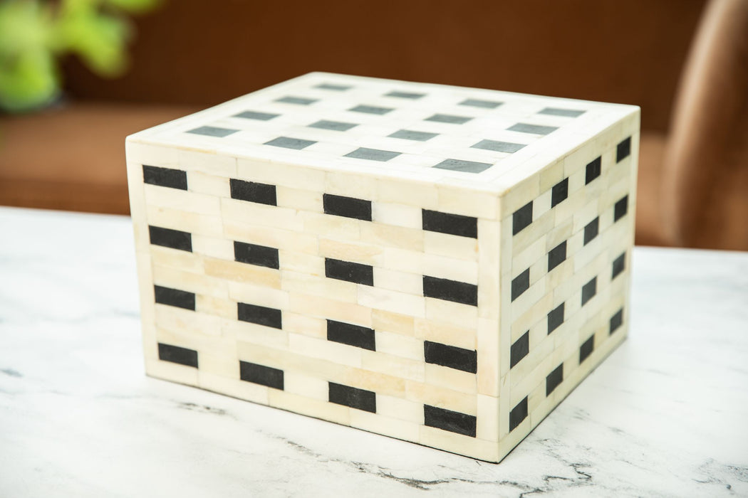 "Checkered" White and Black Horn Inlay Cremation Urn - Modern Memorials