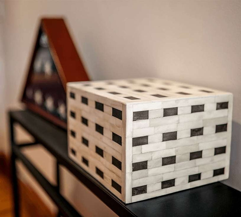 "Checkered" White and Black Horn Inlay Cremation Urn - Modern Memorials